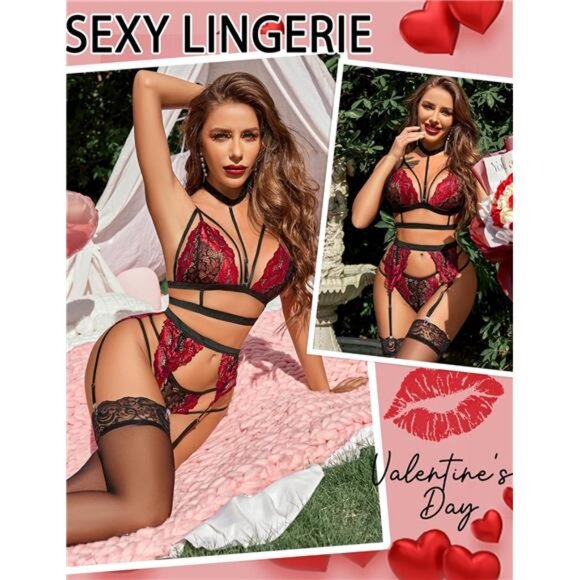 "New Lace Garter Teddy Set w/ Strappy Bra, Panty & Choker – No Stockings" - Picture 5 of 6